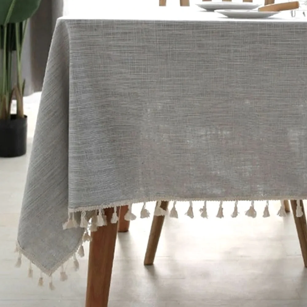Boho Fringe tassel woven Gray and white stripes Tablecloth or throw blanket